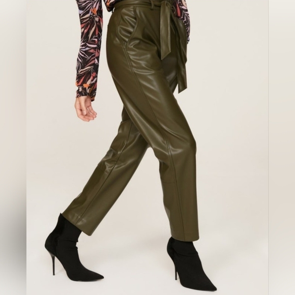 Peter Som Olive Green Faux Leather Paperbag Waist Tie Belt Ankle Length Pants - Picture 2 of 8